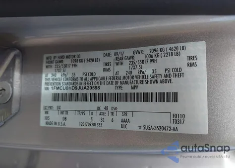 2018 Ford Escape Sel из США, поврежденный, VIN 1FMCU0HD9JUA20598